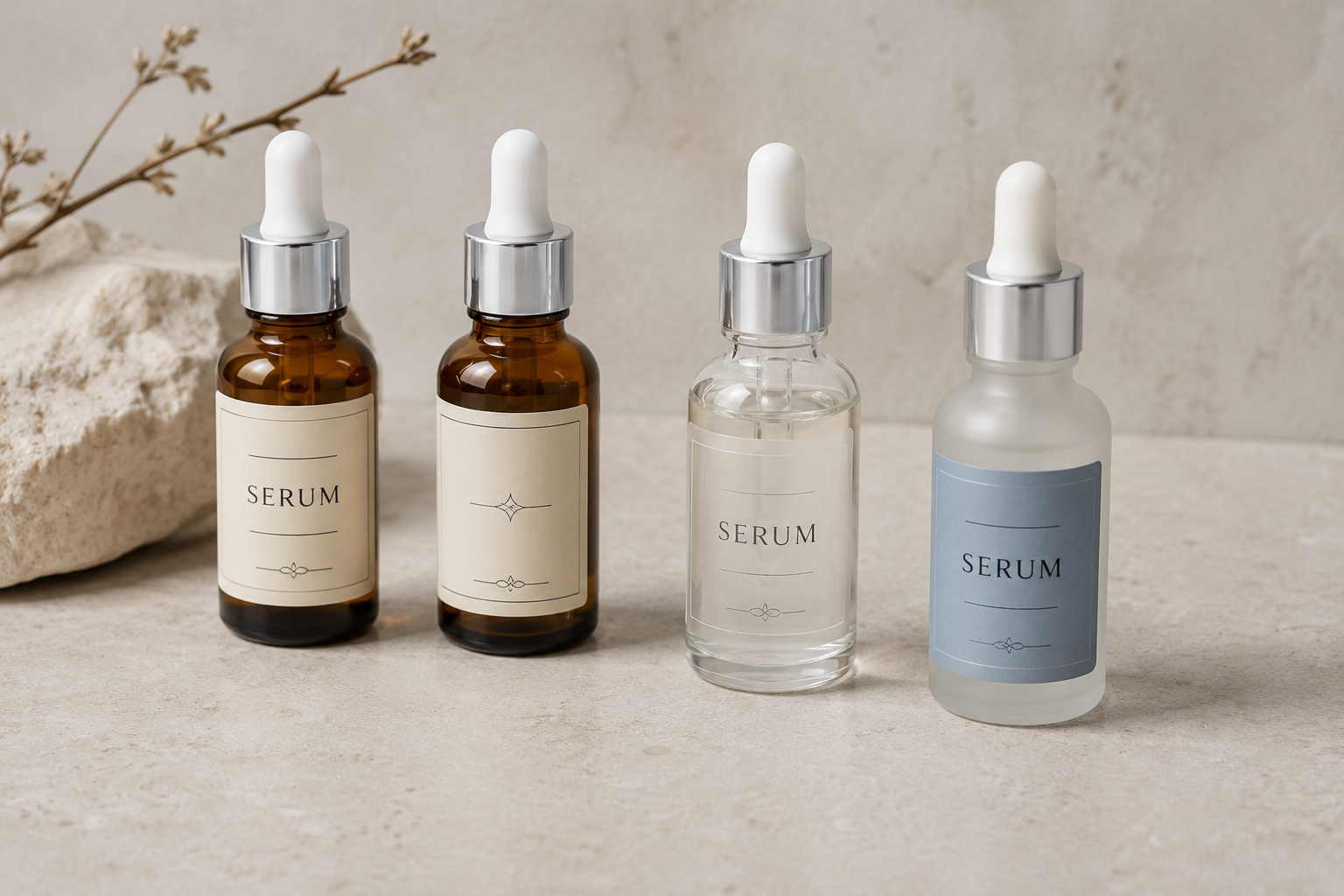 Minh họa 3D photorealistic các chai serum nhỏ với nền nhãn khác nhau