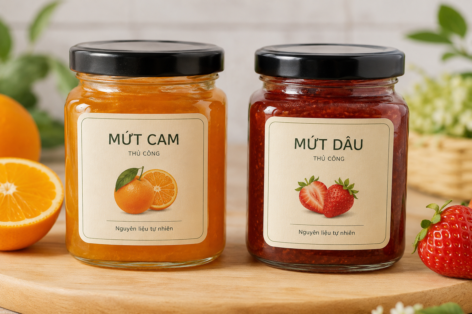Minh họa sản phẩm: Hũ mứt cam và mứt dâu có nhãn trước