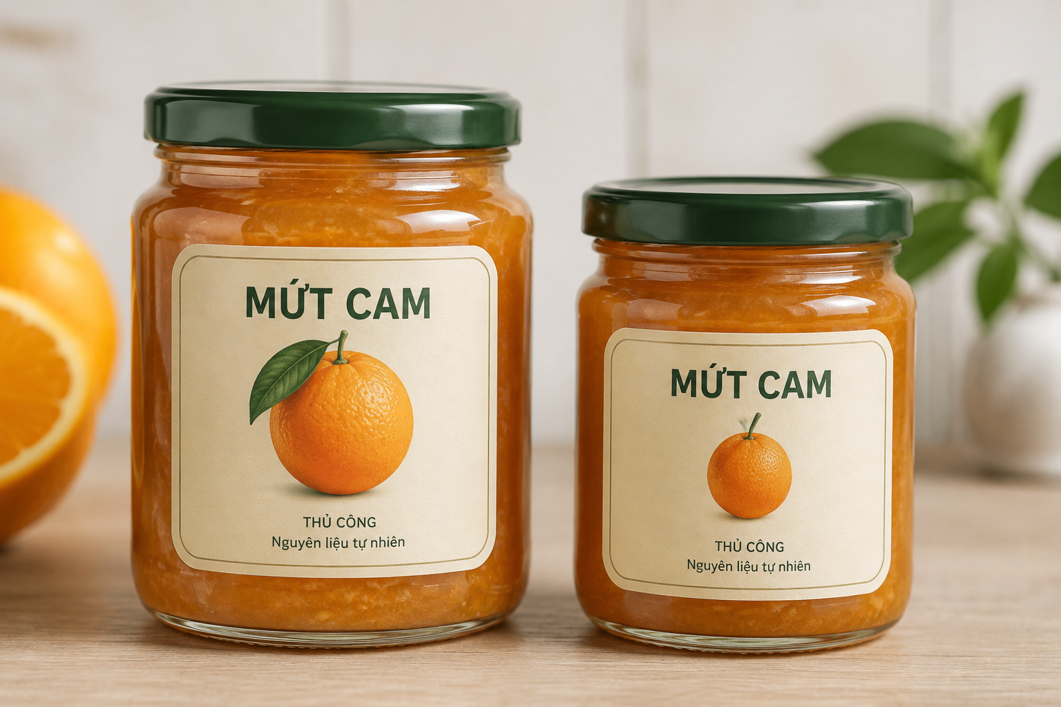 Minh họa sản phẩm: Hai hũ mứt cam với nhãn thân khác kích cỡ