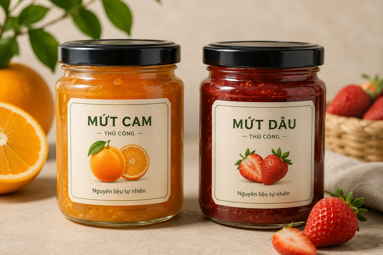 Minh họa sản phẩm: Hai hũ mứt cam và mứt dâu đặt cạnh nhau