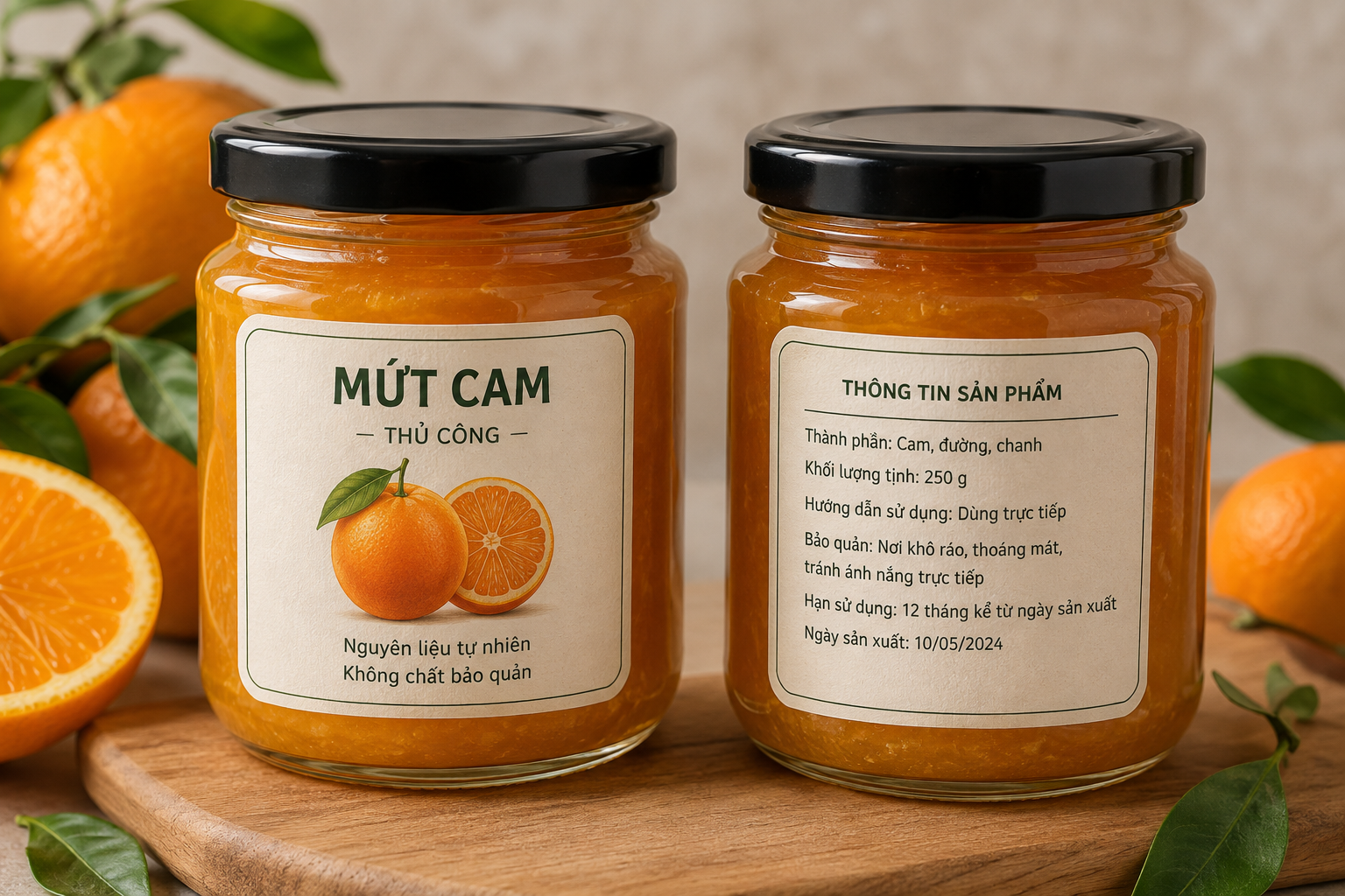 Minh họa sản phẩm: Hai hũ mứt cam, nhãn trước và nhãn thông tin